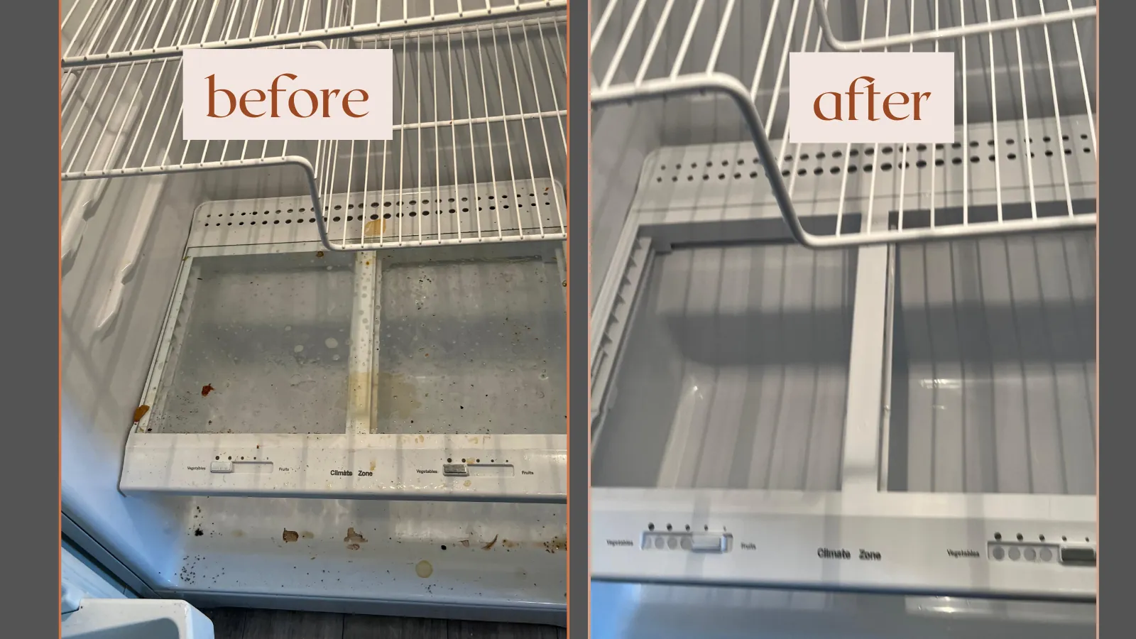 Refrigerator before and after a deep clean by Triple N Cleaning in York, PA