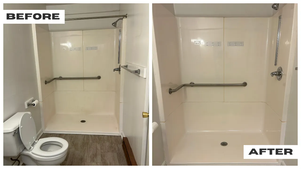 Shower stall before and after professional cleaning in York, PA
