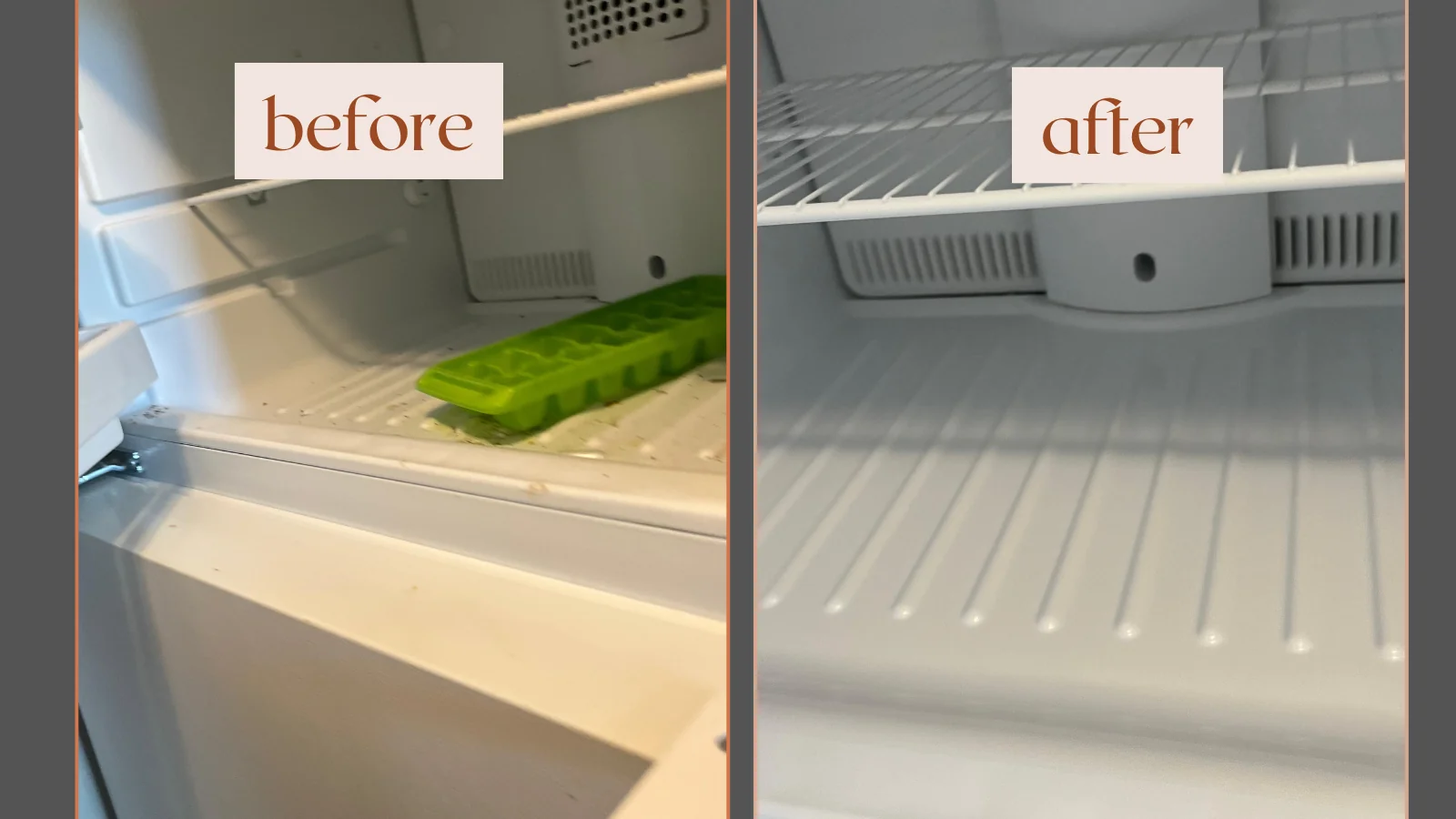 Refrigerator shelves and drawers before and after deep cleaning by our York PA cleaning service