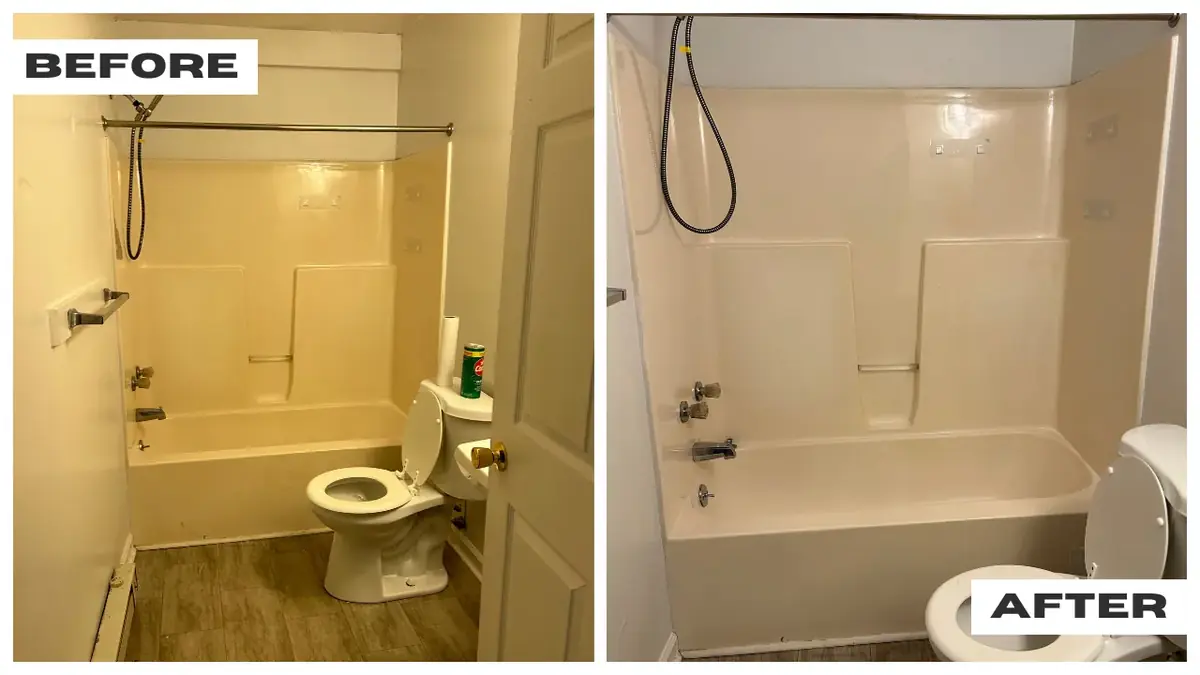 Full bathroom before and after deep cleaning by our York PA cleaning service